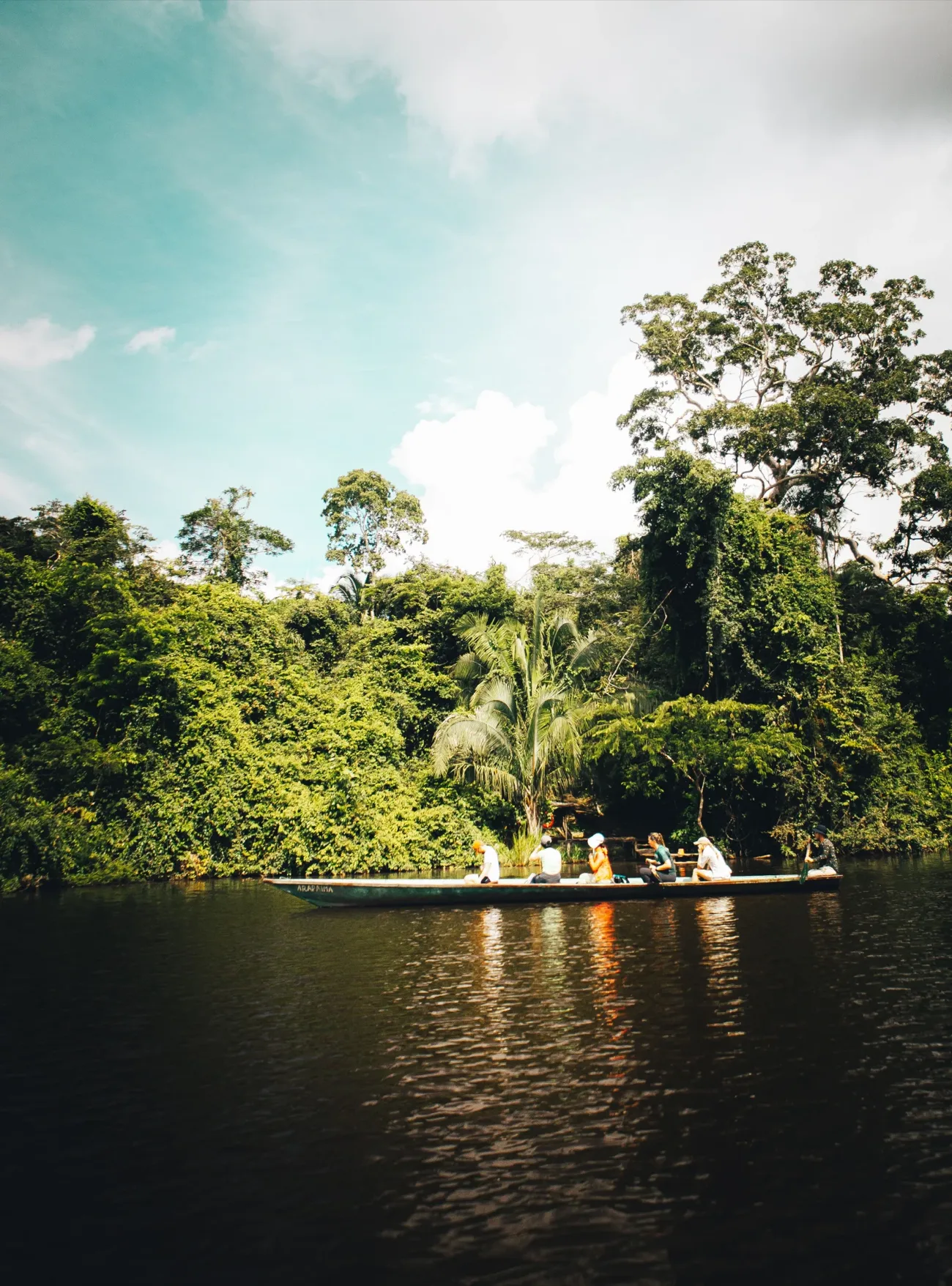 Una canoa con viajeros navegando el río, con la selva en la otra orilla