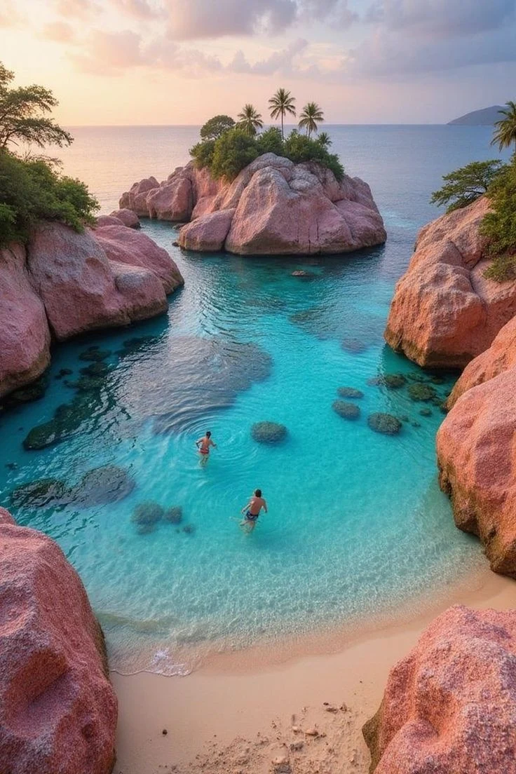 Una cala de arena entre rocas de granito rosado, con gente bañándose