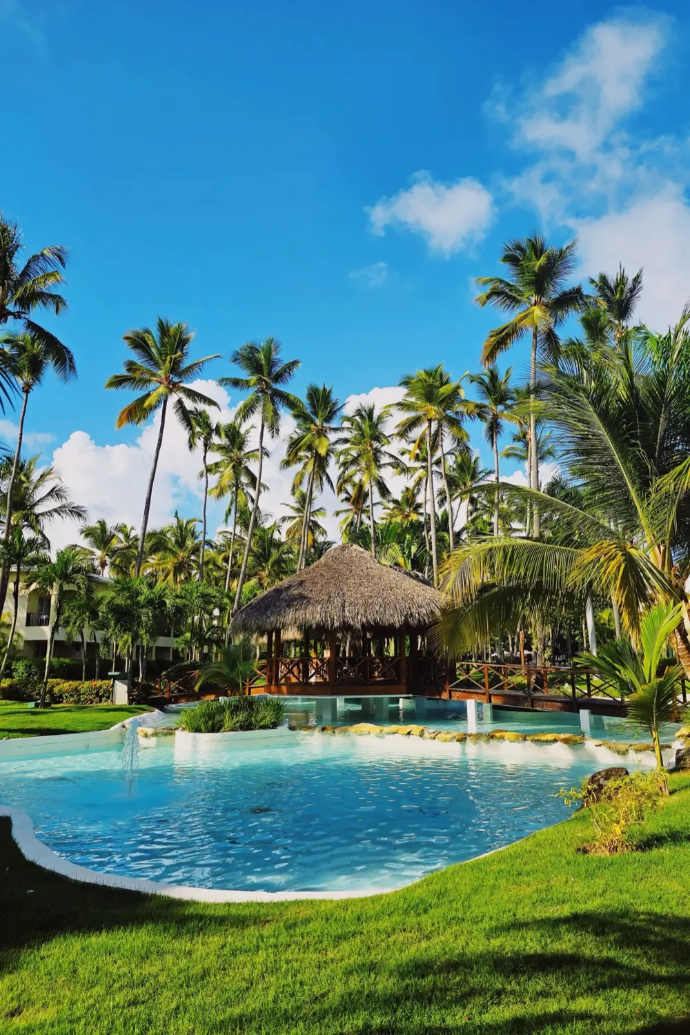 La piscina de un hotel de Punta Cana entre palmeras, con una palapa de techo de palma al fondo
